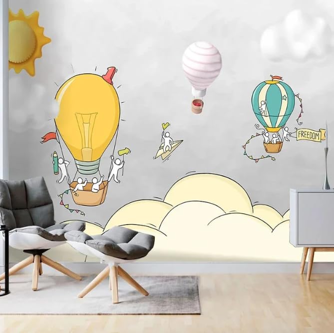 Papier peint panoramique montgolfière jaune pour chambre d'enfant 350x256 cm