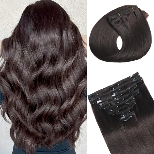 Image of Clip in Hair Extensions Real Human Hair Dark Brown Hair Extensions Clip Ins