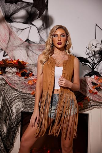 HOTOUCH Fringe Tops for Women Western Shirts Hippie Vest 70s Disco Cowboy Outfit Cowgirl Top Long Vest Jacket Faux Leather Cowgirl Shirts Brown S4