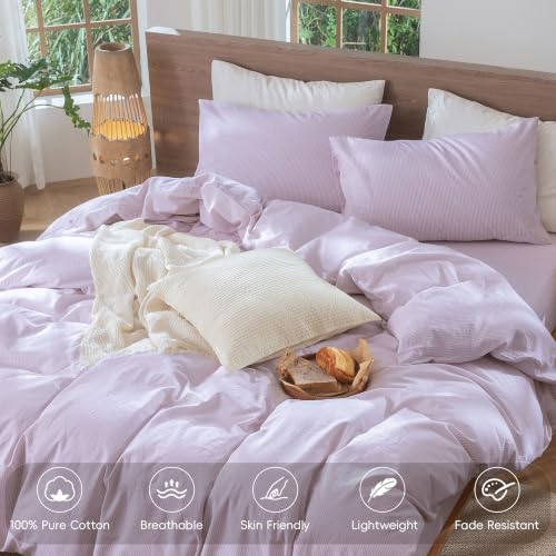 Image of MooMee Striped Duvet Cover Set 100% Washed Cotton Linen Like King | Relaxed Linen-like Texture. Soft, Breathable & Long-lasting Comfort. Lightweight. Hidden Zipper with 8 Interior Corner Ties