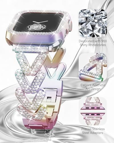 Image of Rhinestones Encrusted Metal Bracelet and Case, Compatible with Apple Watch Bands 38mm-49mm (Series 11 /1 /SE /Ultra 2)- Bling Gold Women's Jewelry Strap, Luxury iWatch Bracelet with Screen Protector