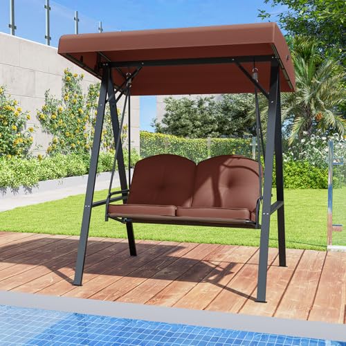 Image of Tangkula 2 Person Porch Swing, Patio Swing with Adjustable Canopy, Heavy-Duty Metal Frame & Soft Cushion, Outdoor Swing for Backyard, Garden (Brown)