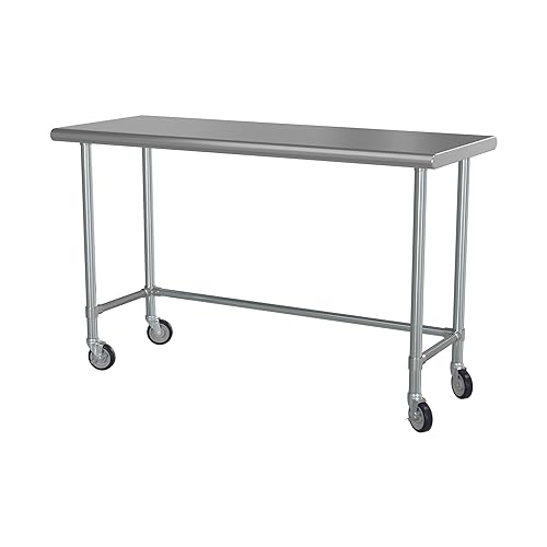 Mesa de trabajo de base abierta de acero inoxidable 430 de calibre 18 de 24 x 60 pulgadas con ruedas giratorias de zinc resistentes de 5 pulgadas