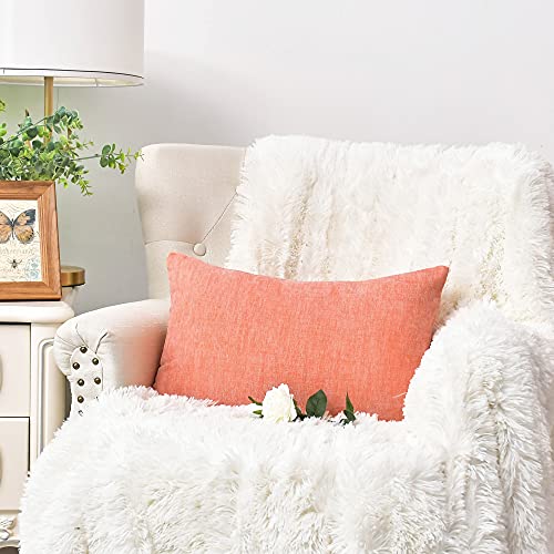 Image of CaliTime Pack of 2 Cozy Bolster Pillow Covers Cases for Couch Sofa Home Decoration Solid Dyed Soft Chenille 12 X 20 Inches Cantaloupe