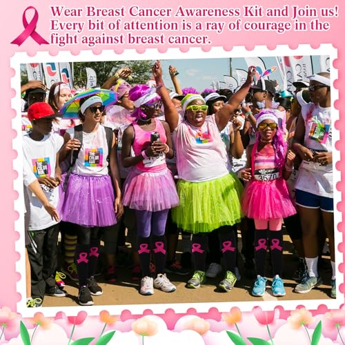 Ramede 6 Pairs Breast Cancer Awareness Crew Socks with 24 Pink out Ribbon Bracelets for Cheer Youth Sport Team Support4