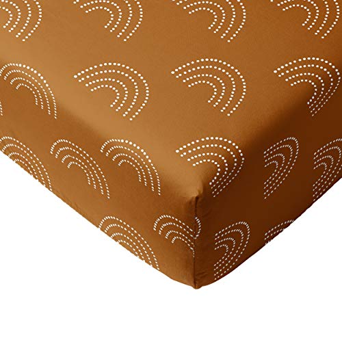 Image of Crib Sheets for Girl - 100% Cotton Fitted Crib Sheet Set - Perfect for Baby Girls - Fits Standard Toddler Mattress (Mustard Rainbows)