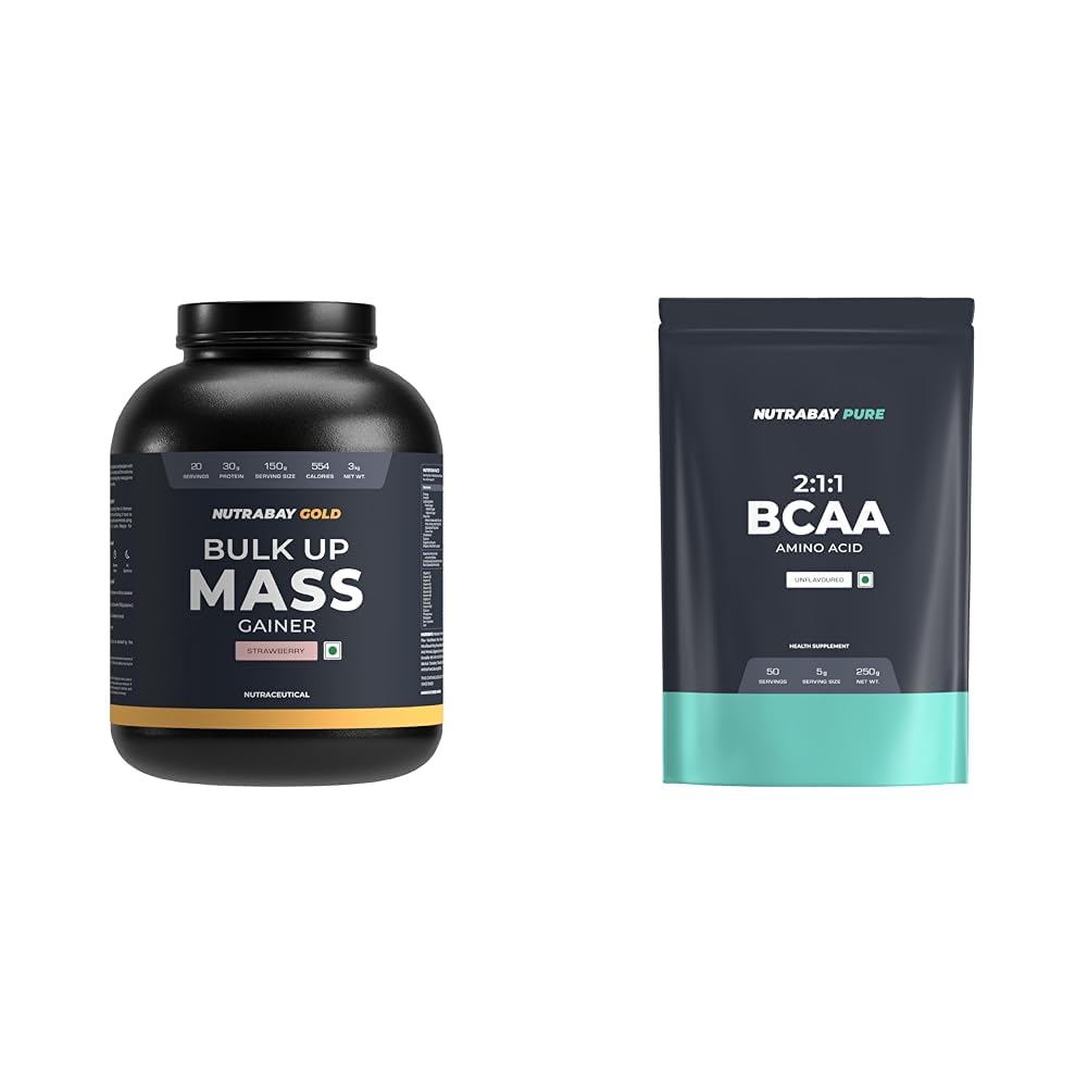 Nutrabay Gold Bulk Up Mass Gainer Powder - 3kg, Strawberry | 30g Protein, 104g Carbs, 554 Calories | Nutrabay Pure BCAA 2:1:1-5000 mg Vegan BCAAs, Intra/Post Workout Energy Drink for Muscle Recovery-image-19