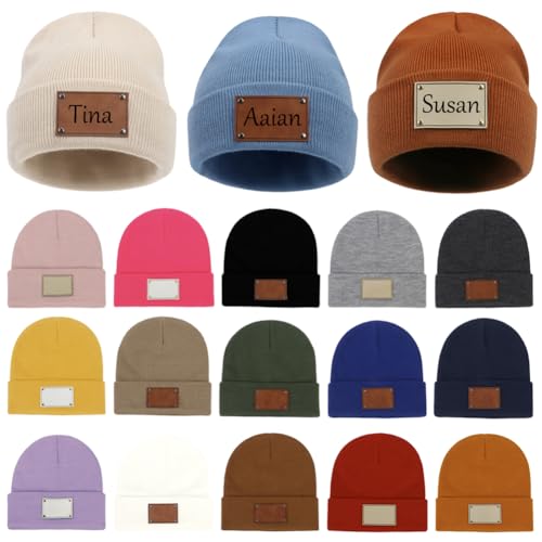 Custom Baby Beanie Hat Personalized Toddler Winter Hat Leather Patch Boys Girls Knit Warm Beanies for Infant, Kids Adults