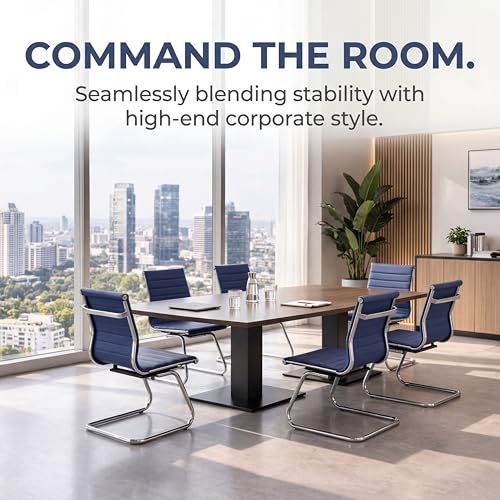Image of Conference Room Chairs Set of 4, Office Guest Chair with Armrests, Faux Leather Upholstery & Metal Sled Base, Comfortable Meeting Room Chairs for Office /Reception /Conference, Navy Blue