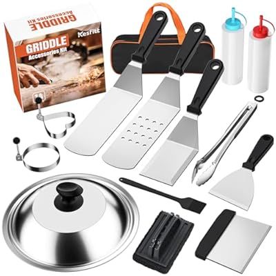 Blackstone Griddle Accessories Kit,14pcs Flat Top Grill Accessories Set for Blackstone and Camp Chef, Enlarged Spatulas, Basting Cover, Scraper, Tongs, Grill Spatula Kit for Outdoor BBQ
