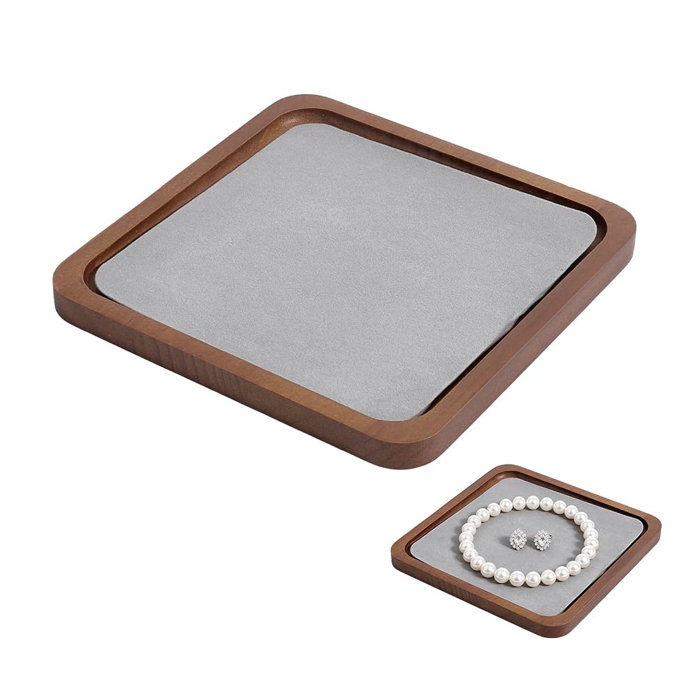 NBEADS 1Pc Square Wood Jewelry Display Tray with Mat, 20x20x1.5cm Lined Wooden Valet Tray for Rings Earrings Bracelets Storage Showcase, Grey