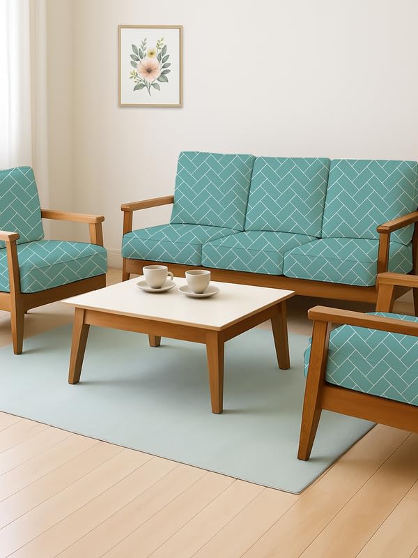 HOTKEI Pastel Green (Pack of 10) 200 GSM Fabric Wooden Sofa Seat Cover Elastic Stretchable Cushion Seat Slip Cover Protector for Wooden Sofa Set 5 Seater Antislip Full Covers for Living Room-image-13