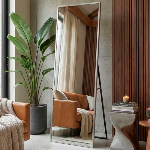 Espejo de Pie Cuerpo Entero - Espejo Grande y Largo con 3 Formas de Uso, Independiente, Montaje Pared y Apoyado - Marco de Aluminio para Dormitorio, Baño o Salon