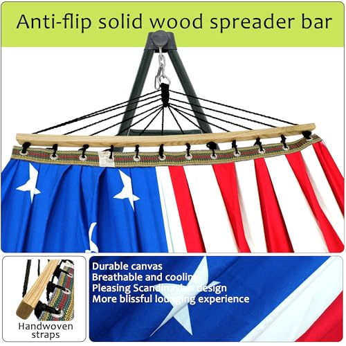 Image of Tranquillo Sturdy Steel Hammock with Stand Premium Cotton Canvas Hammock, 600 lbs Capacity Hammock Stand Folding, Portable 30-Second Fold Unfold, for Camping, American Flag