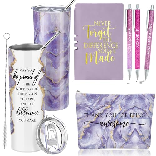 Domensi 6 Pcs Employee Appreciation Gift Set for Women Female Christmas Thank You Gift May You Be Proud 20 oz Rustic Marble Sign Tumbler Makeup Bag Journal for Teacher Nurse Lady Work Business(Purple)