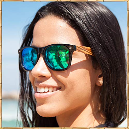 Woodies Zebra Wood Sunglasses With Green Mirrored Polarized Lens And Real Wooden Frame For Men And Women | 100% Uva/Uvb Protection #TOP4