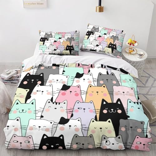 Tabeskly Kids Girls Cartoon Cat Cute Soft Zipper Bed Bedding Duvet Cover Set Single Multicolor 135×200cm