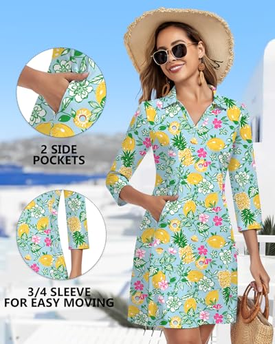 Image of WOWENY 3 /4 Sleeve Dress for Women with Pockets V Neck UPF 50+ Casual Sun Dress Breathable Quick Dry Beach Vacation