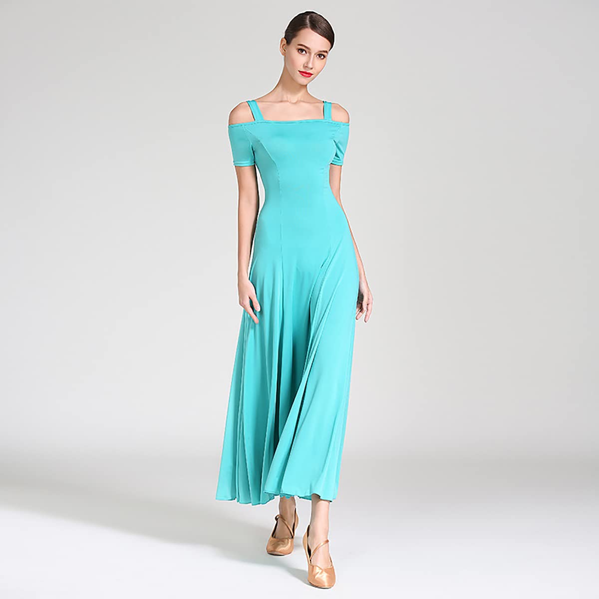 Kobieta? moda seksowna sukienka na ramię solidna długa sukienka na imprezę elegancka sukienka nowoczesna walc ubrania do tańca balowego taniec duża spódnica swingowa odzież performance (XL, zielona)