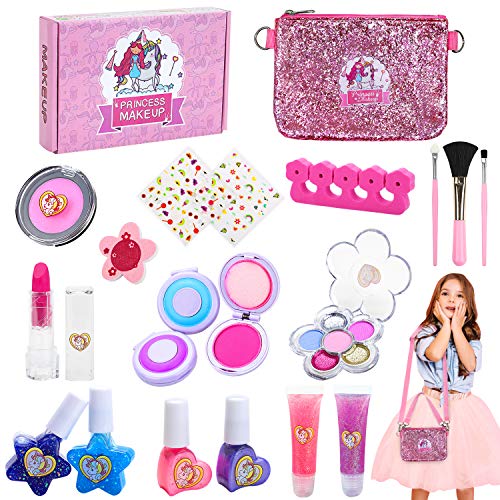Jojoin Kids Washable Makeup Set, 20PCS Real Cosmetics Kit with Dual Function Bag, Nail Polish Set, Hair Color Powder, Glitter Eye Shadow & Lip Gloss, Little Girls Princess Best Birthday
