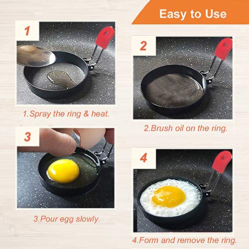 COTEY Large 3.5\" Nonstick Egg Rings Set of 4, Round Crumpet Ring Mold Shaper for English Muffins Pancake Cooking Griddle - Portable Grill Accessories for Camping Indoor Breakfast Sandwich Burger Red - Thumbnail 3