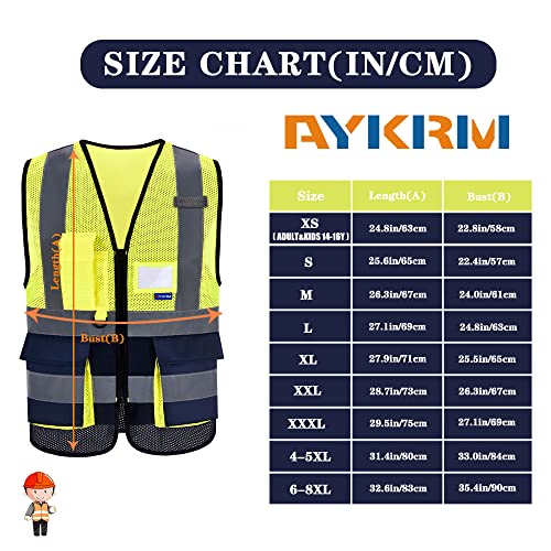 Image of Hi-Vis Mesh Vest, Breathable, Black Front Zipper, Yellow /Navy, XS | Yellow /Navy XS mesh vest with clear PVC ID holder, mic tabs and high-visibility reflective strips for site supervision.