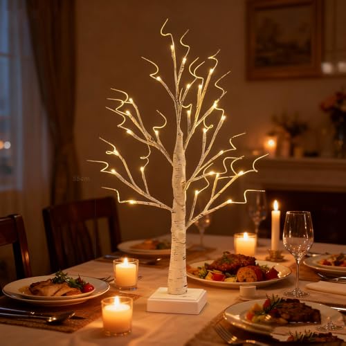 Arbre de Pâques à 24 lumières LED avec 25 œufs décoratifs colorés, arbre de bouleau avec lumières alimentées par piles ou USB, décoration de table de...