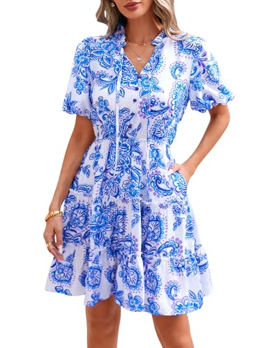 Image of BTFBM Women Summer Floral Short Dresses V Neck Short Sleeve Tiered Ruffle Boho Swing Dress A-Line Mini Dresses