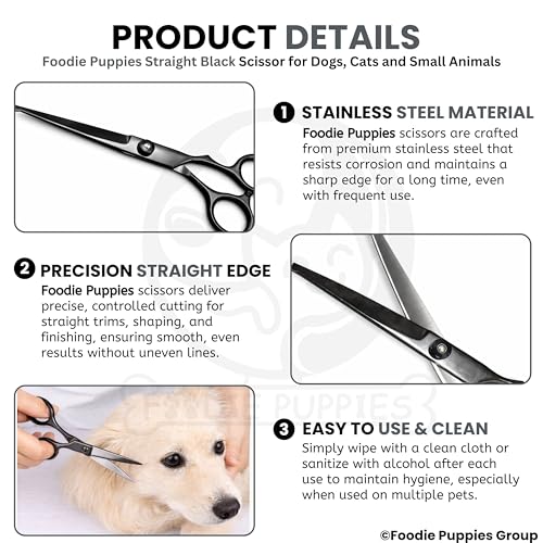 Image of Foodie Puppies Professional Straight (Black) Dog Grooming Scissors - Stainless Steel Pet Hair Cutting Shears with Finger Rest & Ergonomic Grip for Dogs & Cats, Precision Trimming Home Use Kit