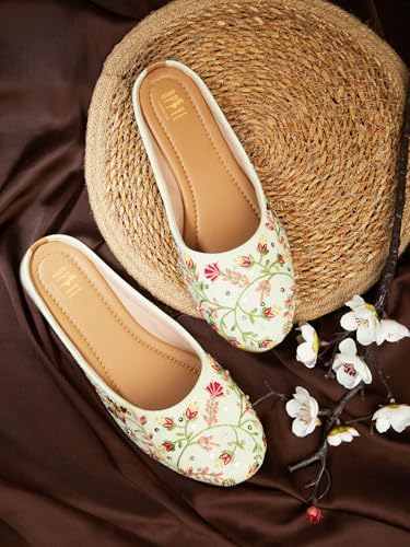 Image of OPIVE's Mehandi Women's Mojari Jutti Ethnic Punjabi Juttis Traditional Flat Embroidered Canvas Fancy Bellies Comfortable Sole for Womens & Girls