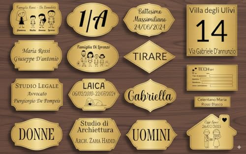 Targa Porta Ingresso Personalizzabile Oro Spazzolato - Nome, Indirizzo, Design a Scelta, Targhetta Fuoriporta Laser Incisa Laminato Plastico