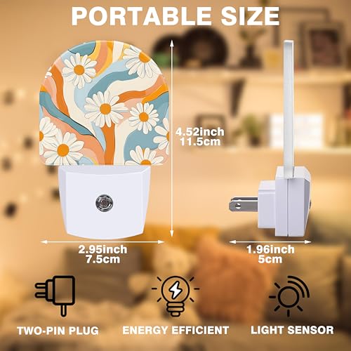 Image of Night Light, Retro Groovy Flower Night Lights Plug into Wall Dusk to Dawn Sensor Round Nightlight for Women Men Energy Efficient Led Lamp 0.5W for Stairway Hallway Bedroom