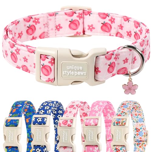 Unique style paws Dog Collar Plastic Buckle with Pendant Puppy Collar for Spring Summer Pink Peach Flower for Small Medium Large Boys Girls Dogs