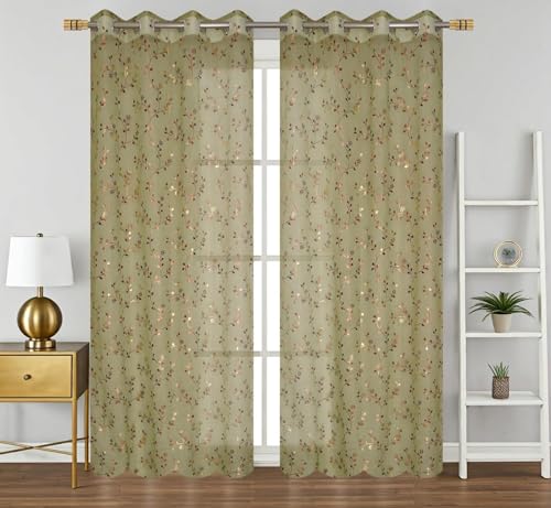 Image of littlelotus Floral Print Tissue Net Sheer Transparent Grommet Curtains for Window 5 feet Long Set of 2, Green