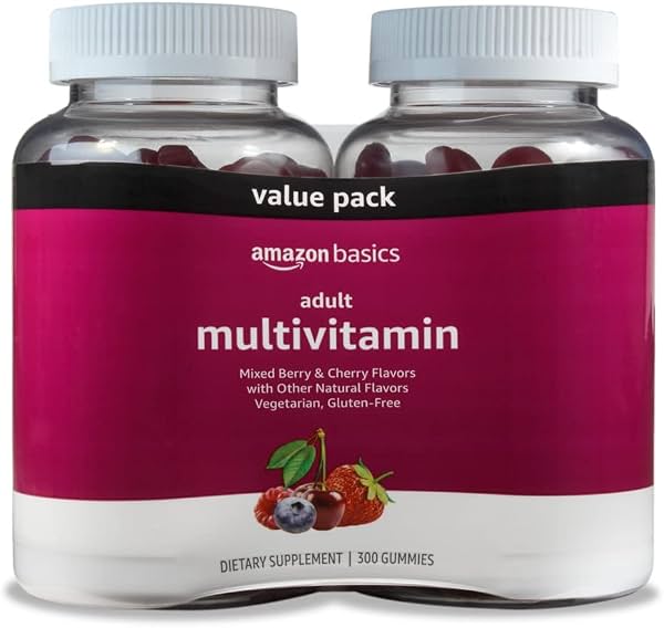 Amazon Basics Multivitamínico en gomitas para adultos, sabores mora y cereza, 150 unidades, suministro para 75 días, paquete de 2 (anteriormente Solimo)
