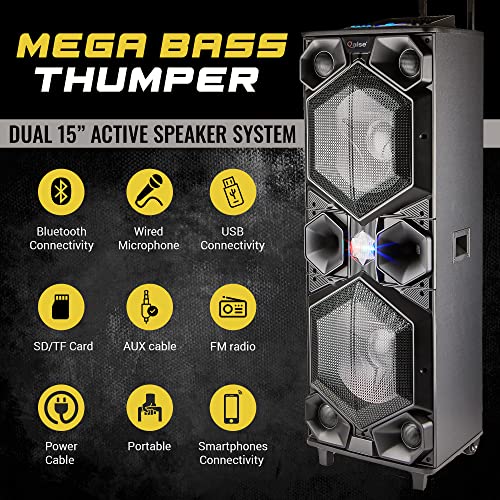 Qaise Professional Bluetooth Speaker & Party Karaoke Machine With Deep Bass, Dual 15” Subwoofer, 1.5” Tweeter, Led Lights, Large Pa System With Wheels, 18000 Watts Peak Power (Mega Bass Thumper) #TOP1
