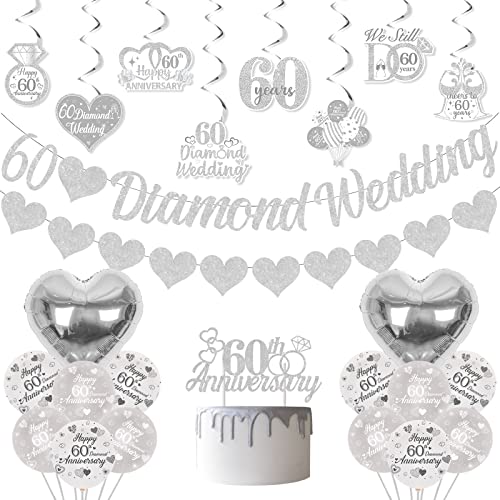 Fangleland 60th Diamond Wedding Anniversary Decorations Glitter Banner Cake Topper Hanging Swirl Silver Heart-shaped Love Foil Balloons Festival Celebration Party Supplies Sets