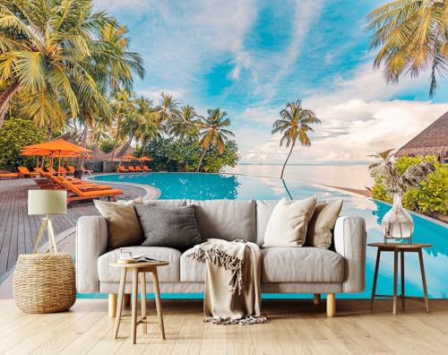 Toolhom Outdoor Travel Landscape Mural with Swimming Pool Beach Resort Wallpaper, Coconut Trees and Blue Sky View Wall Mural(Non-self-Adhesive)
