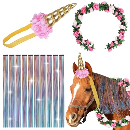 Selacca 12 Pcs Horse Costume Bling Accessory Including Floral Spiral Unicorn Horn Rose Flower Vine 10 Mane and Tail Clip in Hair Extensions Bling Pony Tinsel for Real Horse Birthday Party Decor