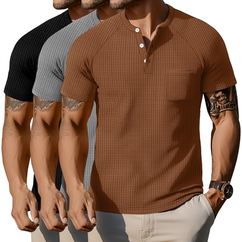 3 Pack Men's Big and Tall Waffle Henley T-Shirts, Raglan Short Sleeve Button Oversized Tops Basic Tees with Pocket