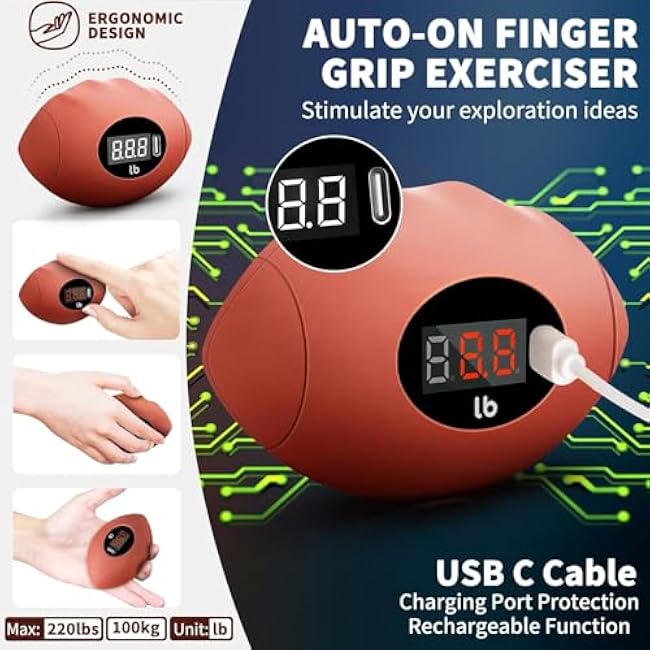 Hand Grip Strengthener, Rechargeable Digital Grip Strength Trainer up 220.4 Lbs(100kg) Hand Grip Exerciser Equipment for Strength Training-Forearm-Gripper-Finger, Stress Balls for Adults/Kids