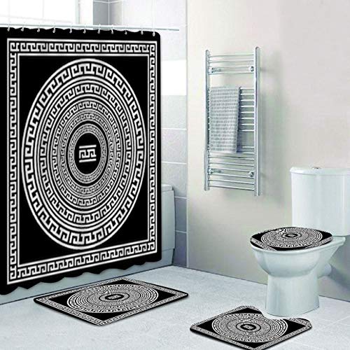 Minyose 4Pcs Griechischen Schlüssel Duschvorhang Set Für Badezimmer Moderne Traditionelle Mäander Grenze Lange Bad Vorhänge Matten Teppiche Teppich Wohnkultur 1.8X1.8M