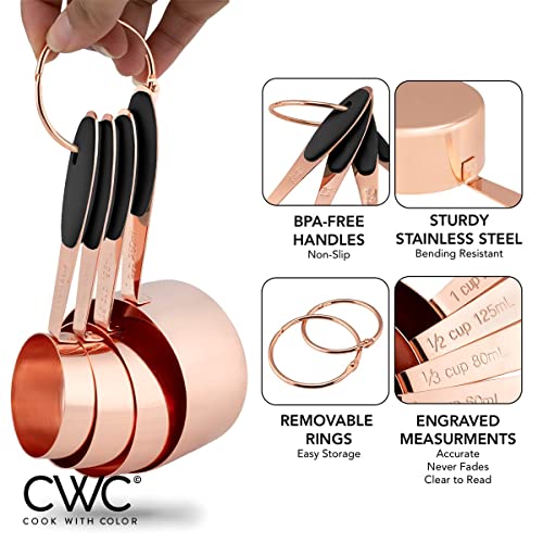 Cook With Color 8 Piece Copper Measuring Cups And Measuring Spoon Set Stainless Steel With Soft Touch Silicone Handles, Nesting Liquid Measuring Cup Set Or Dry Measuring Cups Set (Black) #TOP3
