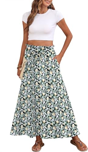 Askyes Womens Skirts Summer Fashion Trendy Casual Work Flowy Swing Long Skirts with Pockets,Yellow Rambler,L