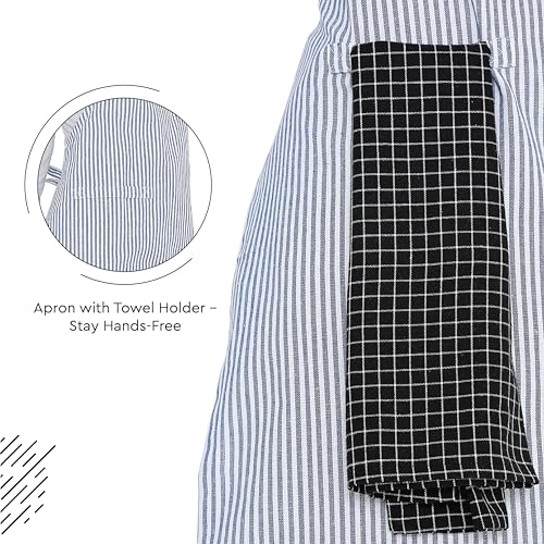 Image of Encasa XO Cotton Cooking kitchen Apron for Women and Men chef apron With adjustable neckstrap, Pocket & Towel Holder for Easy cooking, Baking, BBQ, Gardening- Ticking Black, 68x85 cm