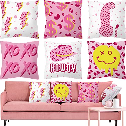 6 Pieces Decorative Preppy Throw Pillows Cases Pink Cushion Covers Aesthetic Preppy Pillow Covers Cute Room Decor For Girls Bed Bedroom Couch College Decorations, 18 X 18 Inch (Elegant) #TOP13