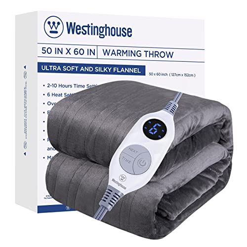 Westinghouse Electric Blanket Heated Throw, Super Cozy Soft Flannel 50"x 60"Heated Throw with 6 Fast Heating Levels & 2-10 Auto-Off, Machine Washable, ETL&FCC Certification, Home Office Use, Charcoal