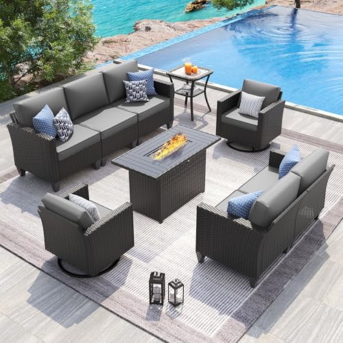 Image of UDPATIO Patio Furniture Set with Fire Pit Table and Swivel Rocking Chairs, 6 Pieces Outdoor Wicker Furniture Set with Waterproof Cover, 4'' Thickened Cushion, Grey