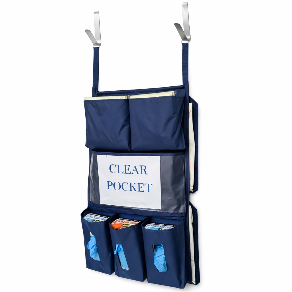 It's Sew EZ PPE Isolation Door Caddy - 8 Pockets - NFPA-701 Fire Resistant Nylon Oxford with Two Stainless Steel Hooks included (Navy)
