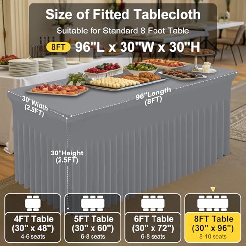 Image of Smiry 2 Pack Spandex Elastic Fitted Table Cloth Skirt for 8FT Table | Stretch Washable Table Cloth, Banquet Table Cover for Wedding, Party, Indoor & Trade Shows, (Grey, 96Lx30Wx30H)